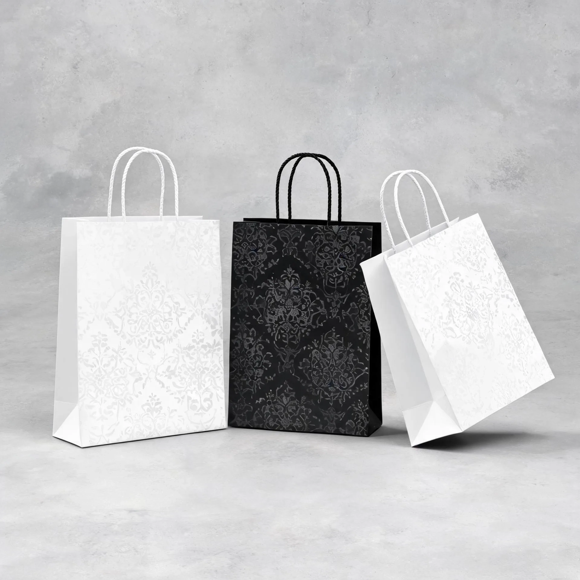 Set of White and Black Shopping Bags with Floral Pattern