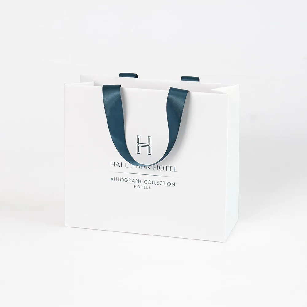 White Tote Bag with Navy Satin Handles