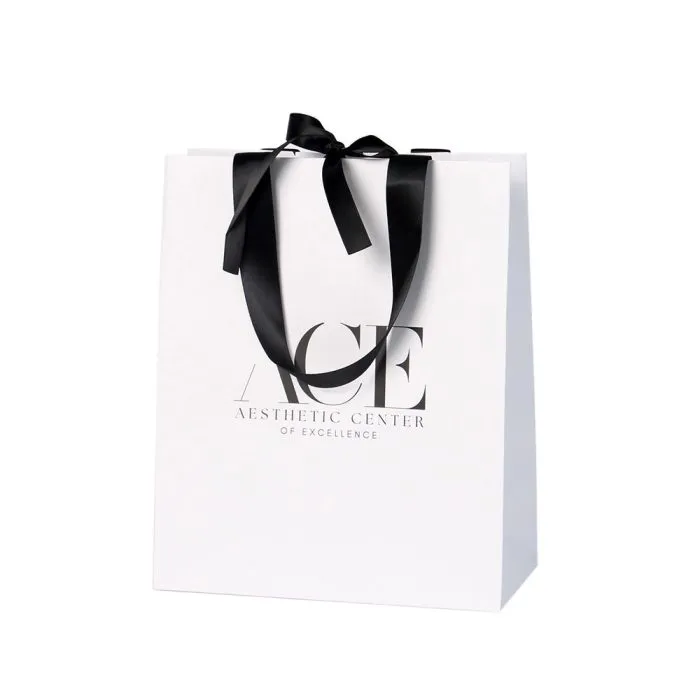 White Gift Bag with Black Satin Ribbon - Large 30x11x36cm