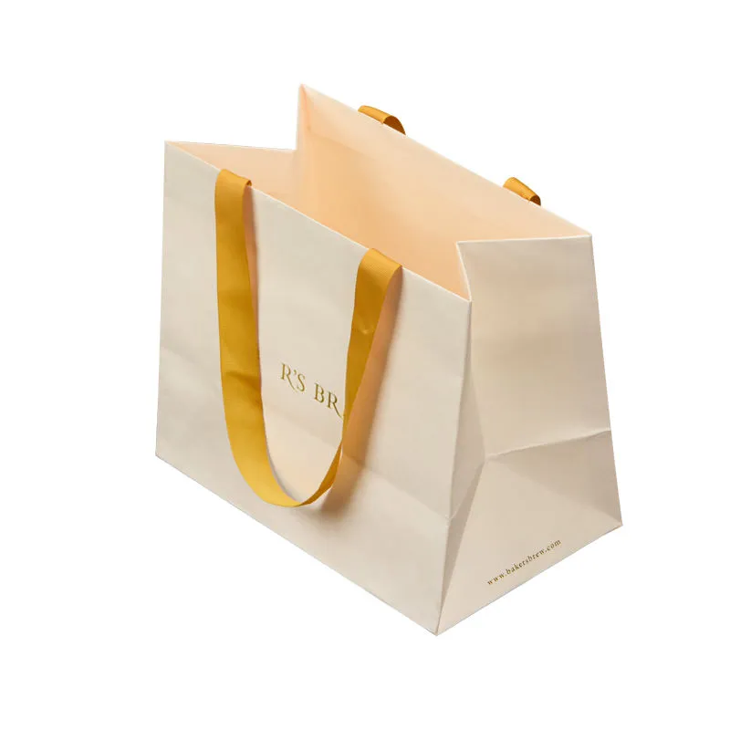 Ivory Shopping Bag with Gold Ribbon Bow - Large 30x11x36cm